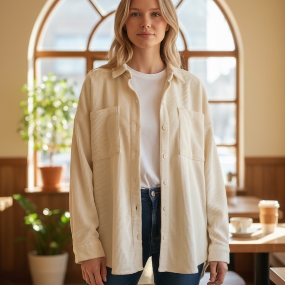 Women's Double Zero Cream White Corduroy Button-up Shirt - Picture 1 of 5